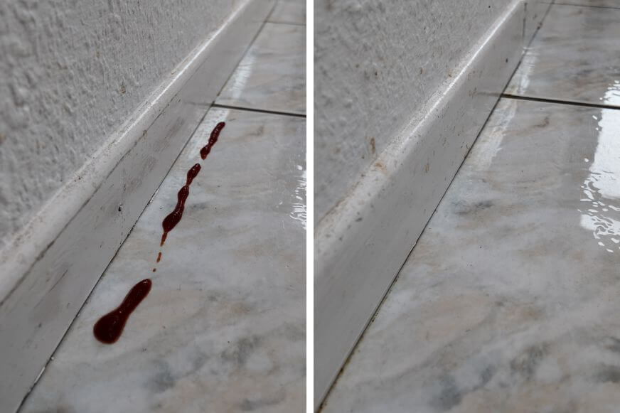 Tineco Floor One S7 Max Pro mit Kantenreinigung im Test nach HydroBurst und Abziehlippe - zeigt, dass am Rand keine Ketchup-Reste zurückbleiben.